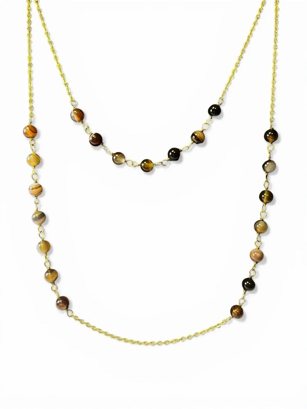 Gold Tone Layered Necklace with Brown and Tigereye Stones